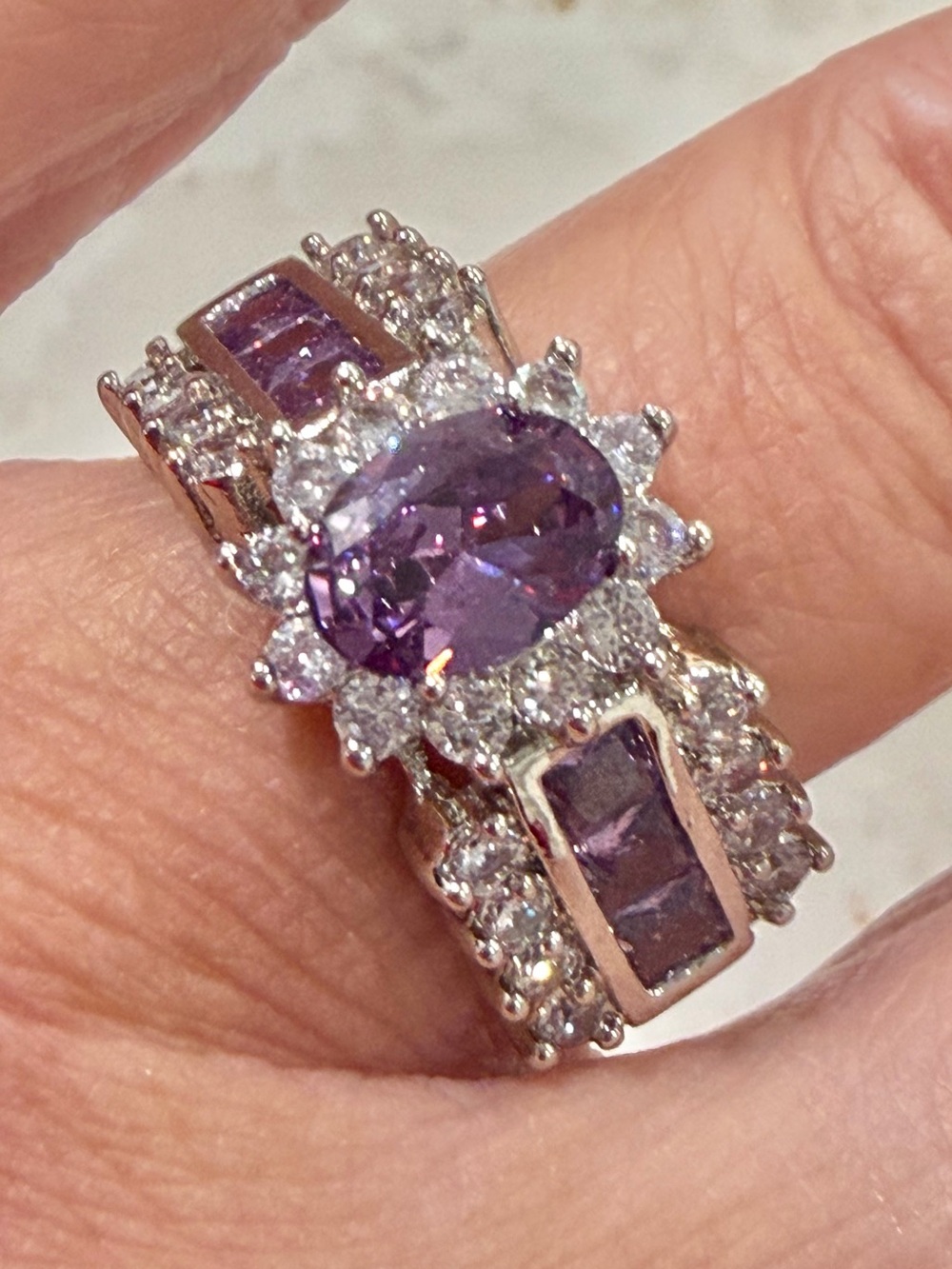 Estate 10KT White Gold Amethyst CZ Halo Cocktail Ring - Size 7